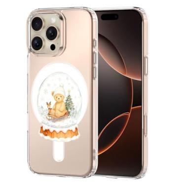 Imagem de MAYCARI Capa de telefone de Natal para iPhone 16 Pro compatível com ímã bola de cristal urso trenó transparente capa de telefone magnética para meninas mulheres capa protetora de TPU macio à prova de
