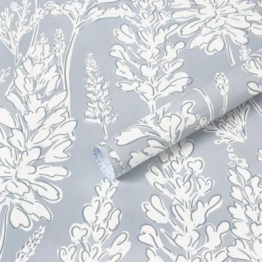Imagem de Ismoon Papel de parede floral Peel and Stick Papel de parede azul Boho 43 cm x 192 cm Papel de parede neutro amigável para locatário papel de parede autoadesivo removível para quarto cozinha decoração