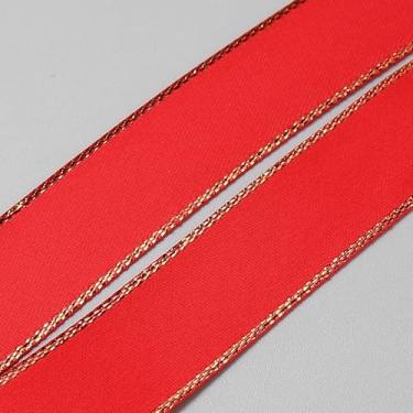 Imagem de Fita de cetim com bordas douradas de 5,46 m para embrulho de presente fita de tecido vermelho de 2,5 cm para buquê de casamento, laços florais, artesanato, festa, decoração de casa