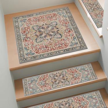 Imagem de Escadas antiderrapantes para degraus de madeira, 1 peça de tapete de escada com adesivo traseiro, 76 cm x 76 cm, lavável e reutilizável, tapetes de segurança para crianças, idosos e cães
