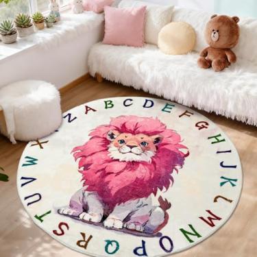 Imagem de Lacomfy Tapete de leão, 1,5 m, redondo, rosa, ABC, para crianças, Gilrs, quarto, sala de jogos, sala de estar, alfabeto macio, tapete educativo, antiderrapante, círculo, safári, animal para decoração