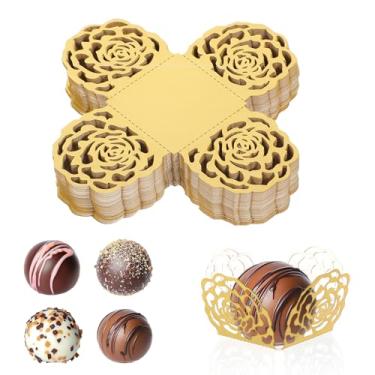 Imagem de WJIAAA Forros de embrulho de trufas, 50 peças, mini forros de cupcake dourados, papel chocolate, doces, copos de panificação para muffins Halloween, Natal, aniversário, chá de casamento, festa de