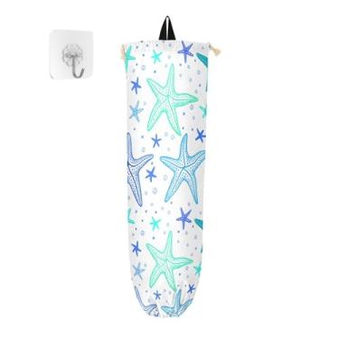 Imagem de xigua Suporte de parede para saco plástico estrela do mar azul com cordão, pacote com 2, organizador de sacolas de supermercado reutilizável para bolsas, meias, roupas íntimas e gravatas
