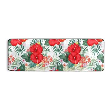Imagem de Burbuja Tapete de corredor de flores de hibisco vermelho 61 x 183 cm, tapete lavável antiderrapante com suporte de borracha, tapete para sala de estar, corredor, decoração de casa
