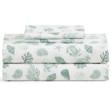 Imagem de Caribbean Joe Conjunto de lençóis de microfibra com estampa costeira, macio, confortável, bolsos profundos de 30,5 cm, King, Beachy Cove