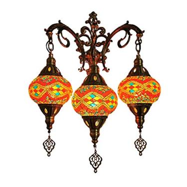 Imagem de Luminária de parede marroquina de 3 braços, aplique de parede turco em mosaico, luminária de cabeceira tradicional feita à mão para sala de estar, quarto, corredor, varanda, café ou bar.