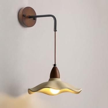 Imagem de Luminária de parede LED, arandelas de madeira para cabeceira, luminária de parede de concreto cinza com flor pendente, luminária vintage rústica para quarto e sala de estar/Madeira