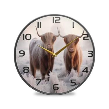 Imagem de YETTASBIN Highland Cow Relógio de parede acrílico – Silencioso, sem tique-taque, operado por bateria, relógio redondo decorativo criativo para cozinha, sala de estar, banheiro, decoração de escritório