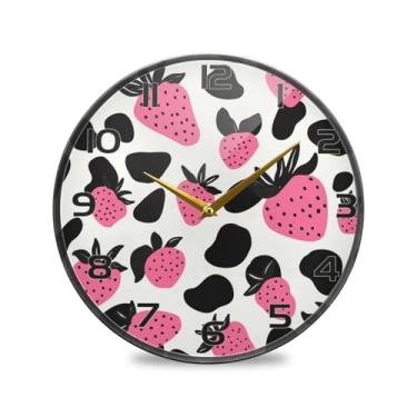Imagem de YETTASBIN Relógio de parede de acrílico Morangos - Silencioso, sem tique-taque, operado por bateria, relógio redondo decorativo criativo para cozinha, sala de estar, banheiro, decoração de escritório