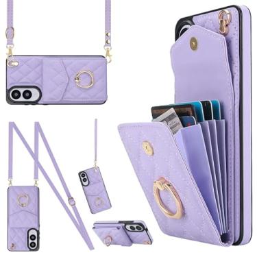 Imagem de MRRSIWEI Capa carteira para Samsung Galaxy S25 FE (não S25) com suporte para cartão, couro PU com cordão transversal alça de pulso capa com suporte para mulheres para Samsung S25 FE. Cordão roxo