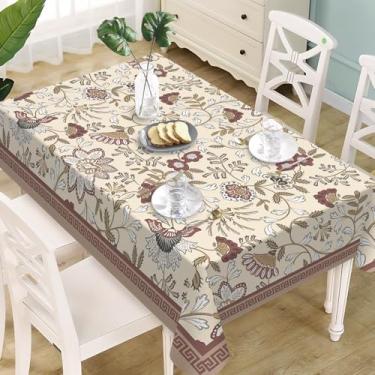 Imagem de Livcoz Toalha de mesa retangular floral vintage 152 x 213 cm, flor marrom retrô, botânica, chave grega, decoração de mesa de jantar, primavera, verão, piquenique, festa