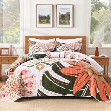 Imagem de Andency Conjunto de cama floral boho super king plus size rosa, 3 colchas botânicas de verão com flores de fazenda, com 2 fronhas, conjunto de colcha de microfibra macia reversível para todas as