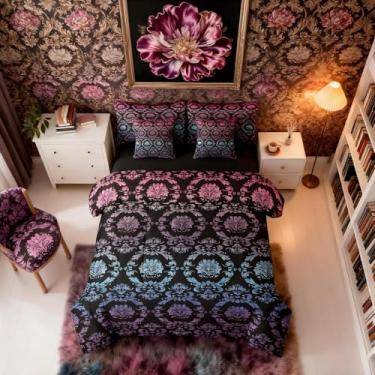 Imagem de Erosebridal Jogo de cama solteiro com estampa de damasco arco-íris gradiente, 7 peças, decoração gótica, vintage, floral, gótico, vitoriano, para decoração de quarto boêmio
