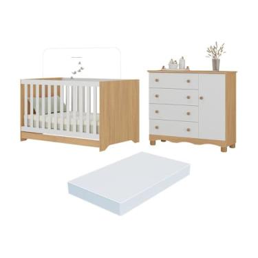 Imagem de Berço Americano 3 em 1 com Colchão Incluso e Cômoda 1 Porta 4 Gavetas Dengo Multimóveis Mp4698 Madeirado/branco