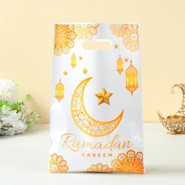 Imagem de 50 sacos de presente Ramadan Kareem, estampa de estrela de lua dourada, tema do Ramadã, sacos de guloseimas de plástico branco com alça, bolsa de lanche para lembrancinha de festa islâmica muçulmana