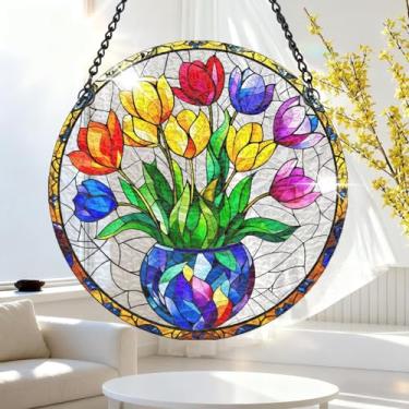 Imagem de 1 peça de decoração para pendurar apanhador de sol de acrílico colorido, tulipas em um vaso colorido, decoração de janela de 18 cm com design de estilo de vitral impresso, ideia de presente e