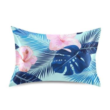 Imagem de Fronha padrão Queen King Flores tropicais coloridas folhas azuis fronhas de cetim impressão arte fofa capa de cama refrescante tamanho king 101,6 cm x 50,8 cm