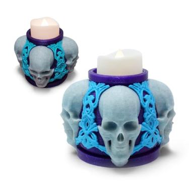 Imagem de Suporte de vela de caveira – Suporte de vela de crânio assustador impresso em 3D com chama de LED, decoração de prateleira gótica, ambiente assustador, peça central de Halloween ou exibição de