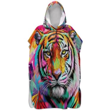 Imagem de Joisal Poncho de surfe para trocador de roupas de banho de praia com capuz absorventes coloridos tigre arco-íris cor ponchos adultos para mulheres