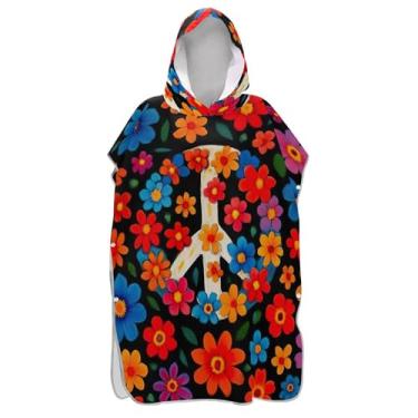 Imagem de TSENQUE Poncho de surfe trocador de roupão para adultos toalha de natação com capuz vestível colorido floral branco símbolo da paz ponchos adultos para mulheres
