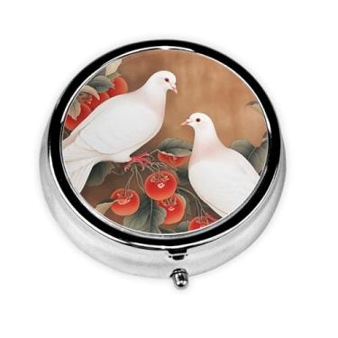 Imagem de LANJINDENG Organizador de comprimidos de metal – Mini estojo redondo de 3 compartimentos para bolso e bolsa, suporte portátil de vitaminas, design fácil de abrir para viagens - Pombo branco