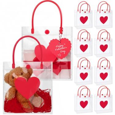 Imagem de Bulyoou 24 peças de sacos de presente de plástico transparente para dia dos namorados com alça de coração sacos de embrulho de PVC transparente com fitas etiquetas de coração para lembrancinhas de