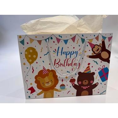 Imagem de Ssyuysto Grande bolsa de presente de aniversário animal feliz aniversário com etiqueta de presente de papel de seda linda bolsa de presente de festa com alças de corda prata para crianças meninas