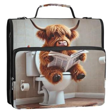 Imagem de Fichários engraçados de vaca Highland para banheiro, 3 anéis, 3 anéis, bolsa organizadora com alça para escola, portfólio fofo e suporte de pasta de anel