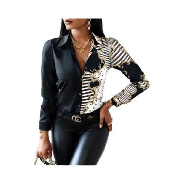 Imagem de Blusa Feminina De Manga Longa Com Estampa Floral E Geométrica, Gola Re
