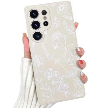 Imagem de OOK Capa magnética para Samsung Galaxy S25 Ultra, estampa fofa de flores silvestres brancas de silicone [compatível com MagSafe] Capa de telefone fina à prova de choque com estampa floral para câmera