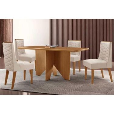 Imagem de Sala Jantar Mesa Nevada Tampo Curvo 120cm+4 Cadeiras Dafne Madeira Naturale - Capuccino/Suede Creme - Rufato