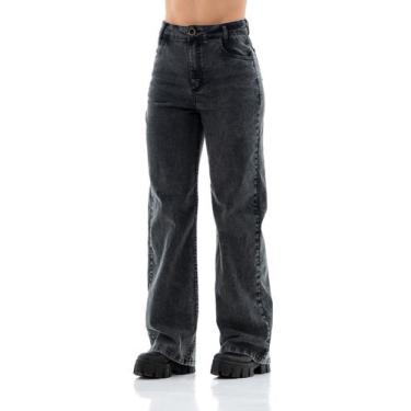 Imagem de Calça Jeans Feminina Arauto Wide Leg Estonada, Preto, 36
