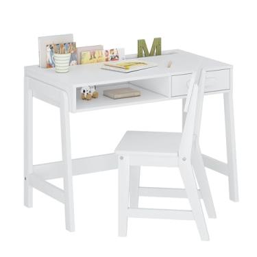 Imagem de UTEX Conjunto de mesa e cadeira infantil, mesa de estudo para crianças com caixas de armazenamento, mesa de estudo infantil de madeira, escrivaninha para quarto e sala de estudo (1 gaveta aberta e 1