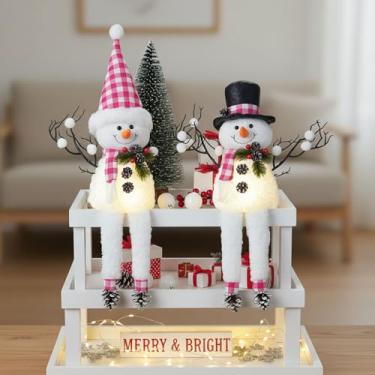 Imagem de Pacote com 2 decorações de mesa de Natal, bonecos de neve iluminados de pelúcia de 45,7 cm, árvores de Natal com galhos de pinha, presente de feriado de boneco de neve iluminado, enfeites de mesa com