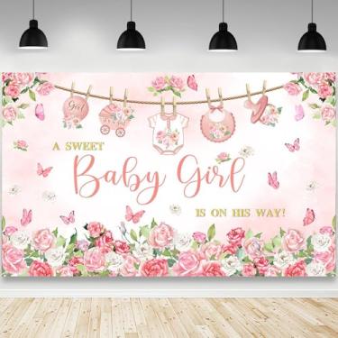 Imagem de AIBIIN Pano de fundo de chá de bebê para meninas, rosa, floral, decoração de chá de bebê, faixa A Sweet Little Girl is on Her Way, faixa de festa, adereços de cabine de fotos 1,8 x 1,1 m