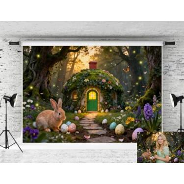 Imagem de Enchanted Spring Easter Pano de fundo 3 x 2,4 m páscoa rústica porta celeiro banner coelho flor ovos fundo para decoração de jardim, quintal, festa, Hello Spring, cabine fotográfica, presente