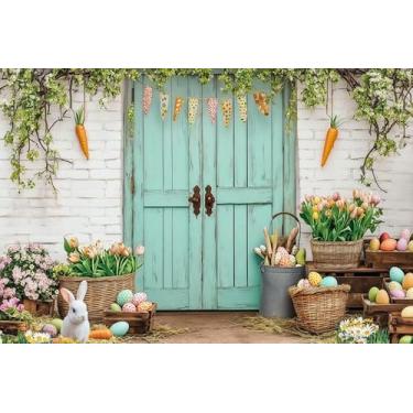 Imagem de XMJJKUF Fundo de Páscoa Primavera 3 x 2,4 m Vinil Rústico Azul Porta de Celeiro Parede de Tijolo Branco Coelho Coelho Coelho Colorido Ovos Fotografia Fundo Decoração Festa de Páscoa Adereços de Foto