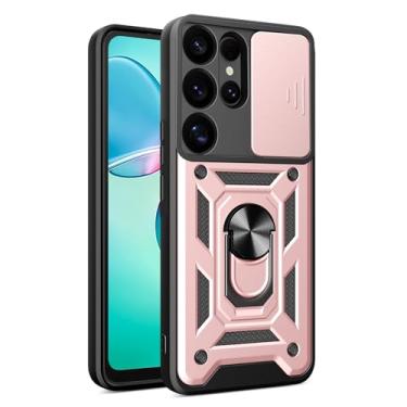 Imagem de POYUFRG Capa à prova de choque para Samsung Galaxy S26 Ultra/S26 Plus/S26, capa antiderrapante com suporte de rotação magnética com capa de proteção de lente deslizante, rosa, S26 Plus