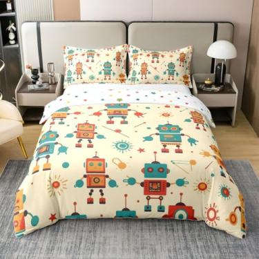 Imagem de jejeloiu Conjunto de capa de edredom de algodão robô fofo, tamanho queen, máquina inteligente, para crianças, meninos, meninas, desenho amarelo, conjunto de capa de edredom para decoração de casa, sem
