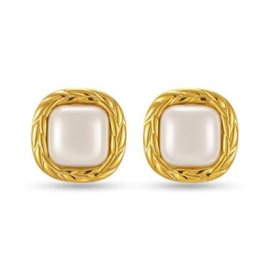 Imagem de RAUCHBE Brincos de pérola grossa de ouro para mulheres, brincos grandes de pérolas barrocas, brincos quadrados exclusivos, joias modernas, Aço inoxidável, Sem pedra preciosa