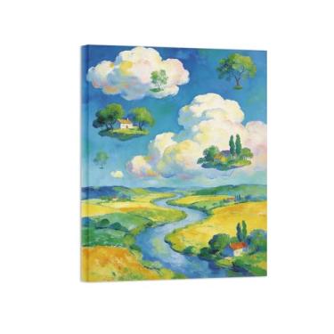 Imagem de BMZFYBS Impressões em tela de arte de parede surrealismo - Grassland River House Nuvens - Pintura de decoração de paisagem - Imagens para sala de estar prontas para pendurar tela embrulhada 50 x 65 cm