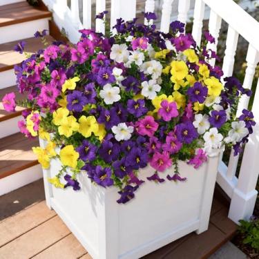 Imagem de INQCMY Flores artificiais de plantas falsas para decoração de primavera ao ar livre, 12 pacotes de glória da manhã colorida de seda sintética com eucalipto resistente a UV realista para plantador