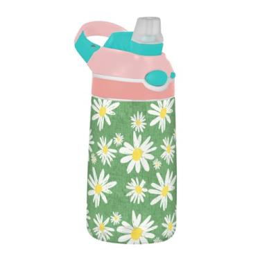 Imagem de xigua Garrafa de água Tritan White Daisies com bico de silicone, 480 ml, portátil, à prova de vazamento, com botão bloqueável e alça larga