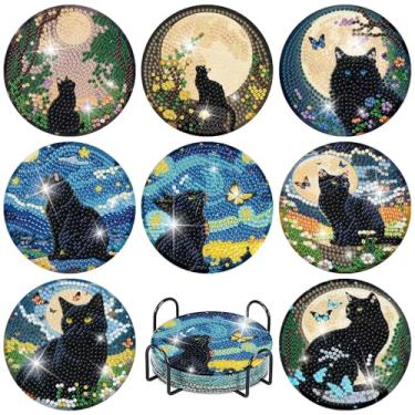 Imagem de askkqtx 8 peças de kits de porta-copos de arte de diamante de gato preto com suporte, kits de porta-copos de pintura de diamante de lua estrelada para adultos, mini kit faça você mesmo com pontos de