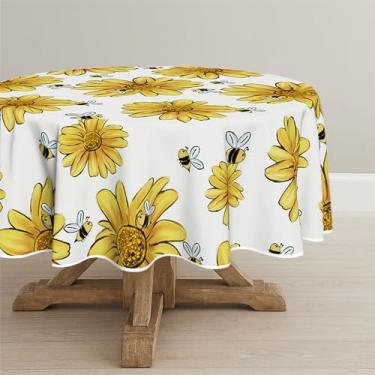 Imagem de Horaldaily Toalha de mesa redonda de verão 228 cm × 236 cm, girassol amarelo, abelha, branca, lavável, para decoração de festa, piquenique, jantar