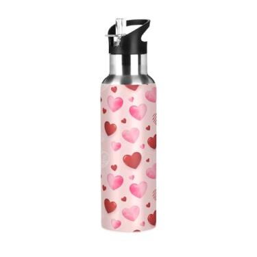 Imagem de Wassud Garrafa de água com corações listrados vermelhos de aço inoxidável garrafa de água esportiva com canudo isolado garrafa de água copo portátil de viagem 623 g