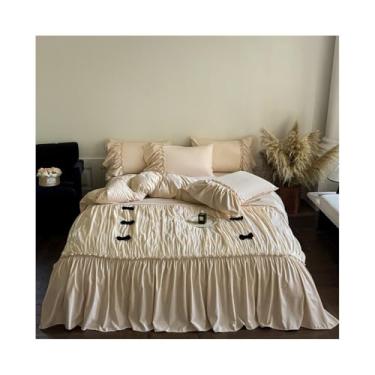 Imagem de x3anggyt5 Conjunto de capa de edredom chique de renda com laço preto, conjunto de cama leve e macio com 4 peças e fronhas de lençol plano/ajustado (tamanho Queen 4 peças)