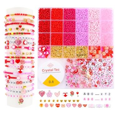 Imagem de HSONAIGEE Kit de fabricação de pulseiras de contas de dia dos namorados, contas rosa, contas de sementes de óculos, contas de argila de polímero, pingentes de coração para joias, colar, brincos