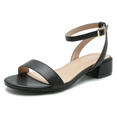 Imagem de Peijely Sandálias femininas de salto grosso com tira no tornozelo com bico aberto, sapatos de verão, Fivela quadrada preta fosca, 6.5