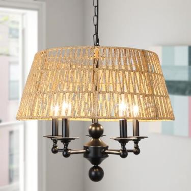 Imagem de ANQIANYUE Lustre preto boho moderno tambor vintage fazenda vime preto lustre 5 luzes de bambu tecido à mão lustres de vime para sala de jantar, cozinha, quarto, sala de estar, hall de entrada, E12